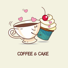 Coffee and cake, love forever. Coffee and cake hug. Comic, carto