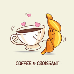 Coffee and croissant, love forever. Comic, cartoon. Vector illus