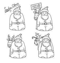 Cartoons Santa Claus with gifts and reindeer