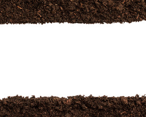 Dark Soil on White Background.Top View of a soil. Close Up Macro