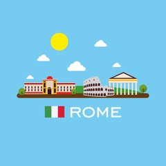 Rome badge infographic with ancient monument in Italy. Flat style.
