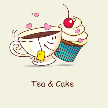 Tea and cake, love forever. Tea and cake hug. Comic, cartoon. Ve