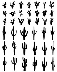 Black silhouettes of different cactus on a white background, vector