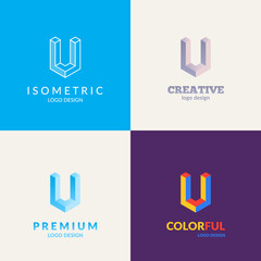 Letter "U" isometric logo design. 3d typography set.