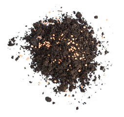 Heap of black soil and Chemical fertilizer on white background