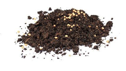 Heap of black soil and Chemical fertilizer on white background