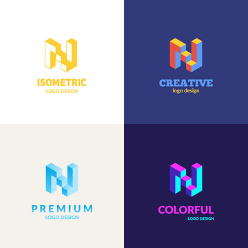 Letter "N" logo set. Isometric typography design. Eps10 vector illustration.