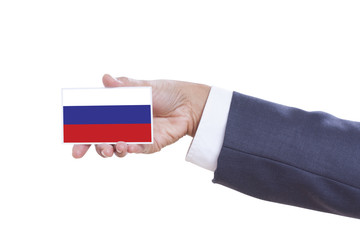 Businessman holding a business card with a Russia Flag 