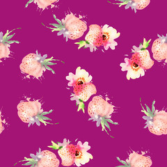 Strawberry flowers seamless pattern watercolor. Abstract graphic