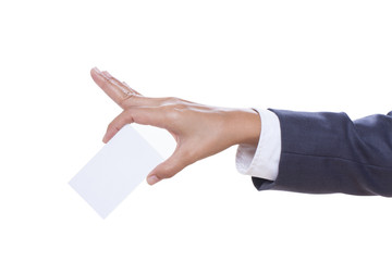 Businessman showing and handing a blank business card, isolated on white background. with using path 