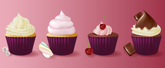 Different flavors isolated set of cupcakes. 