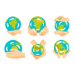 People holding earth. globe in hands concept of happy earth day eco friendly, help ecology, future life, natural. Earth in hands isolated on black background modern design vector conept