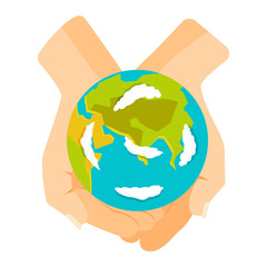 People holding earth. globe in hands concept of happy earth day eco friendly, help ecology, future life, natural. Earth in hands isolated on black background modern design vector conept