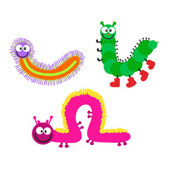 Cute hand drawn crawling caterpillar tree insect element funny little bug. Nature larva caterpillar wildlife bug vector illustration. Cartoon caterpillars cute character different animal worm.