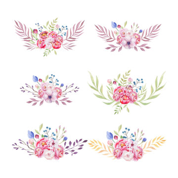 Watercolor colorful ethnic set of bouquet flowers in native Amer