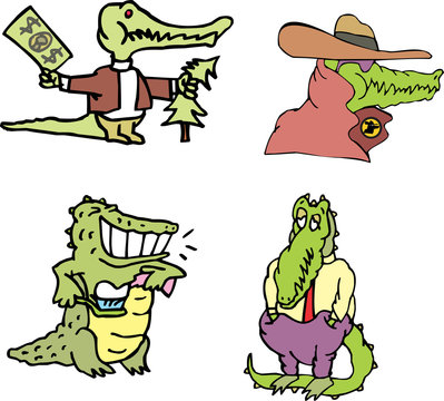 Set of comic human-like gators (crocomen)