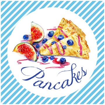 Pancake with fresh figs, blueberries and fruit syrup. Watercolor illustration of food.