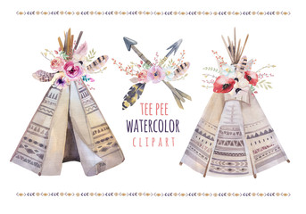 Handdrawn watercolor  tribal teepee, isolated white campsite ten © kris_art