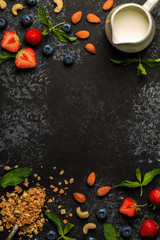 Tasty ingredients (granola, berries, milk and nuts) for breakfas