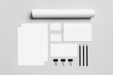 Branding / Stationery Mock-Up - White - Letterhead (A4), DL Envelope, Compliments Slip (99x210mm), Business Cards (85x55mm), Mailing Tube