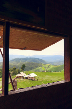 Fototapeta View from window at "Baan Pa Pong Piang" located in Mae Jam, Chi