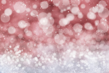 Red Christmas Background With Snow, Snwoflakes And Bokeh