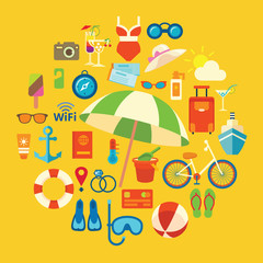 Set of colored vector icons and symbols on the summer beach holi