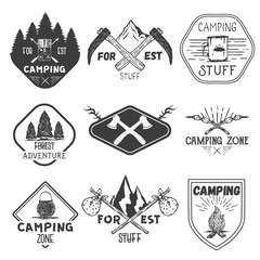Vector set of camping labels in vintage style. Design elements, icons. Camp outdoor adventure concept illustration.