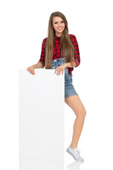 Smiling Girl And White Placard Full Length Isolated