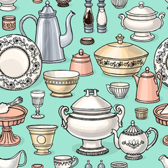 Shabby chic kitchen vector seamless pattern with cooking items. Hand drawn background of dishes in retro style.