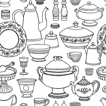 Shabby chic kitchen vector seamless pattern with cooking items. Hand drawn background of dishes in retro style .