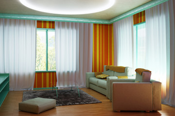 Interior room in the colors of the 60s. 3d illustration