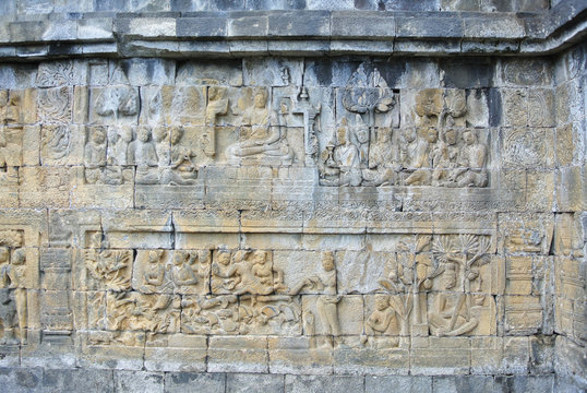 Religious Place Wall lintel decorative Asia Cultural Heritage Stone bas-relief on the wall of Borobudur, Java, Indonesia