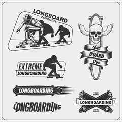 Collection of longboarding and skateboarding labels, emblems, badges and design elements. Silhouette of a longboarders.