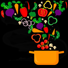 Vegetable food and saucepan. Cooking food background. Vector illustration.
