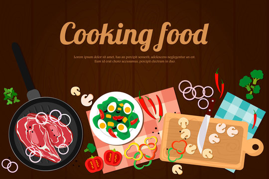 Cooking dishes with meat and vegetables, top view. Flat banners set of abstract isolated ingredients. Vector illustration