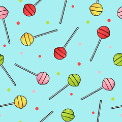 Round cartoon lollipops seamless pattern. Vector colorful candy background.