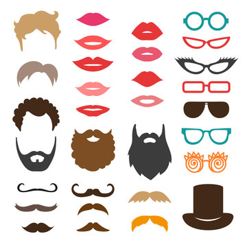 Set of mustache, beards, haircuts, lips and sunglasses. Birthday party photo booth props. Vector collection of icons. 