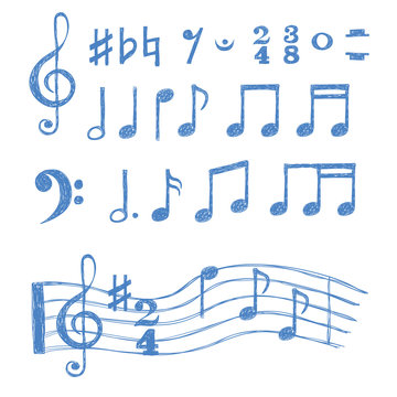 Music notes set. Collection of sketch music symbols isolated on white. Vector illustration. 