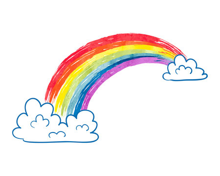 Watercolor cartoon rainbow and clouds isolated on white. Colorful vector illustration.
