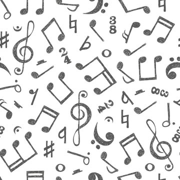 Hand drawn music notes seamless pattern. Vector musical background in black and white colors. 