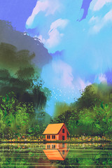 Fototapeta premium little orange house in forest under the blue sky,illustration painting