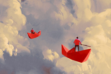 Fototapeta premium mężczyźni na łodziach z czerwonego papieru origami unoszących się na pochmurnym niebie, malarstwo ilustracyjne