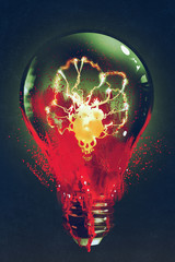 Fototapeta premium light bulb with the skull glowing inside on dark background,illustration painting