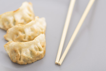 Homemade Asian dumpling Gyoza served on a grey plate