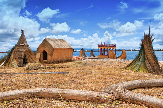 Traditional village on  Uros islands on lake Titicaca in Peru