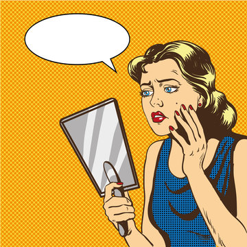 Woman Looks At The Mirror Vector Illustration In Retro Comic Pop Art Style. Speech Bubble