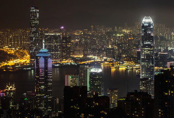 night view of Hong Kong skyscrapers from up point of peak of Victoria