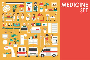 Medical Big Collection in flat design background concept. Infographic elements set with hospital staff doctor and nurse around medicine tools equipment