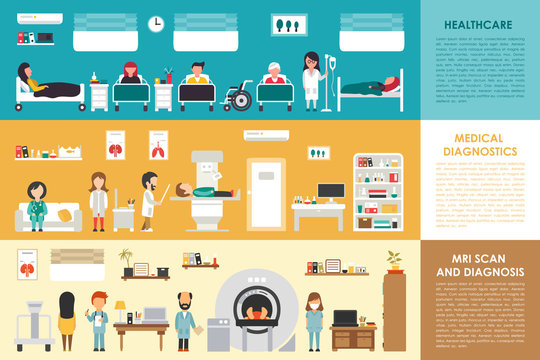 Healthcare Medical Diagnostics MRI Scan hospital interior concept web vector illustration. Doctor, Nurse, Patient, Healthcare. Medicine service